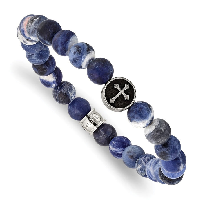 Chisel Brand Jewelry, Stainless Steel Antiqued & Brushed Sodalite Beaded Cross Stretch Bracelet