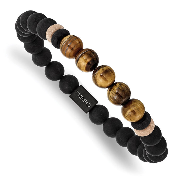 Chisel Brand Jewelry, Stainless Steel Brushed Black IP Black Agate/Tiger's Eye Stretch Bracelet
