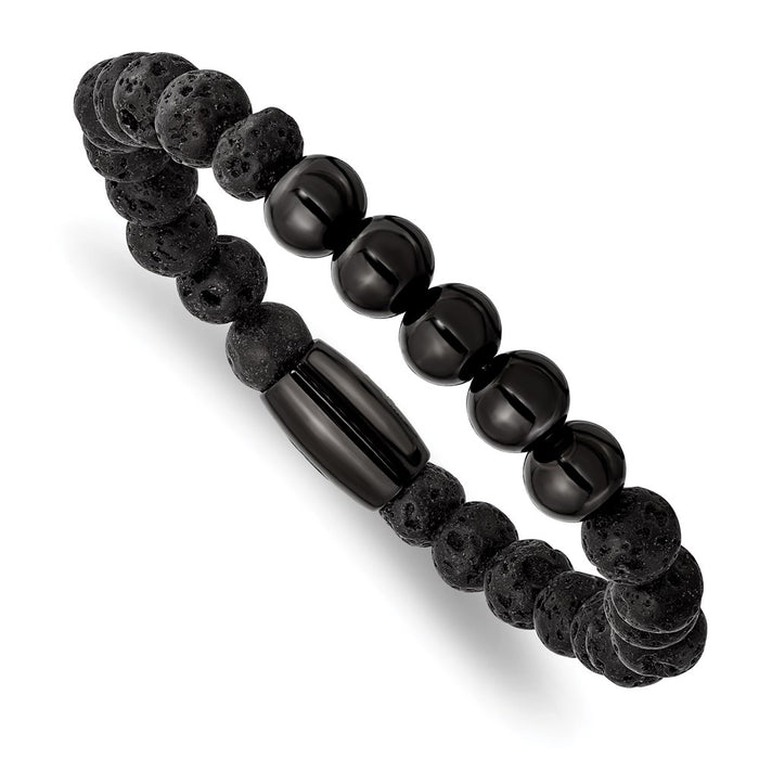 Chisel Brand Jewelry, Stainless Steel Polished Black IP-plated Lava Stone Stretch Bracelet