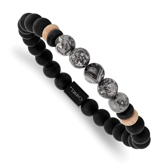 Chisel Brand Jewelry, Stainless Steel Brushed Black IP Black Agate/Grey Jasper Stretch Bracelet