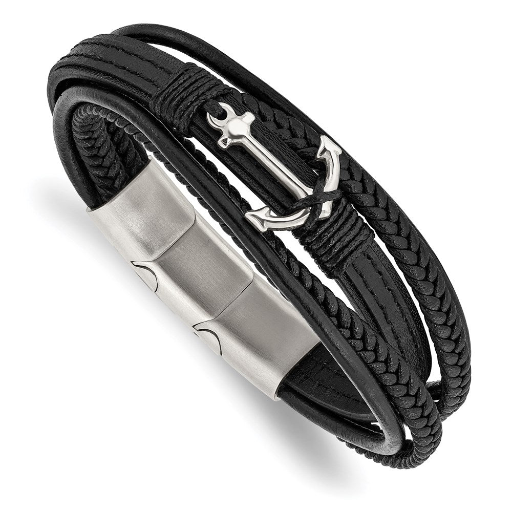 Chisel Brand Jewelry, Stainless Steel Nautical Polished Anchor Genuine/PU Leather with .5in ext Bracelet