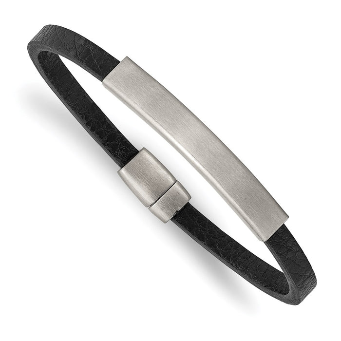 Chisel Brand Jewelry, Stainless Steel Brushed Textured Black PU Leather 8.25in ID Bracelet