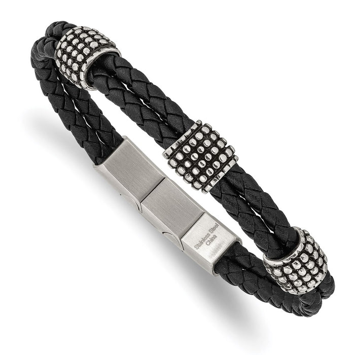 Chisel Brand Jewelry, Stainless Steel Antiqued and Polished Black Leather 8.25in Men's Bracelet