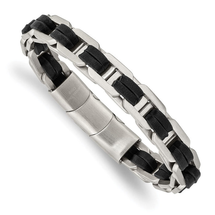 Chisel Brand Jewelry, Stainless Steel Brushed with Black PU Leather with .5in ext 7.75in Link Bracel