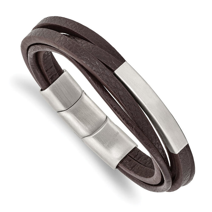 Chisel Brand Jewelry, Stainless Steel Brushed Brown PU Leather Multi Strand with .5in ext 8in Bracel