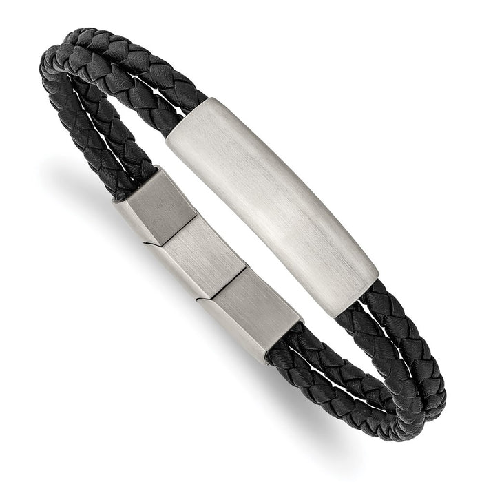 Chisel Brand Jewelry, Stainless Steel Brushed Braided Black Leather with .5in ext 8in Bracelet