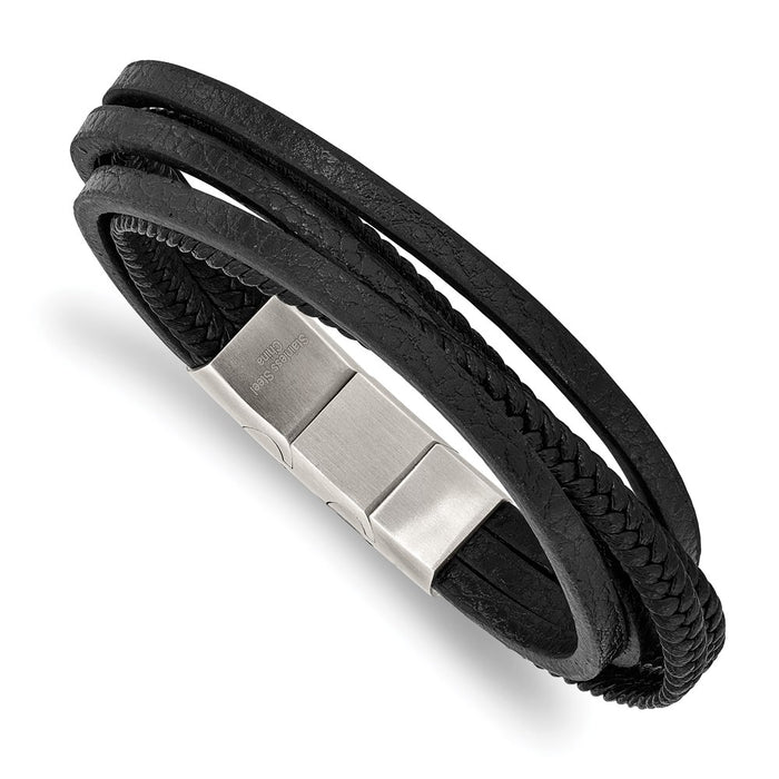 Chisel Brand Jewelry, Stainless Steel Polished Black PU Leather Multi Strand with .5in ext Bracelet