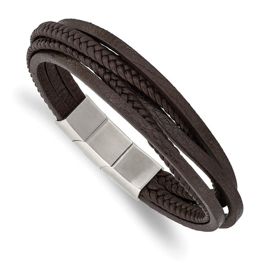 Chisel Brand Jewelry, Stainless Steel Polished Brown PU Leather Multi Strand with .5in ext Bracelet