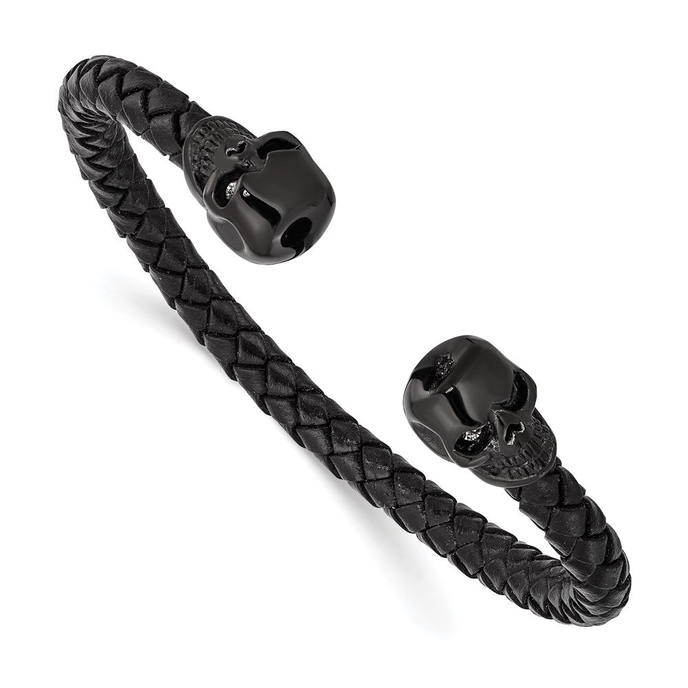 Chisel Brand Jewelry, Stainless Steel Polished Black IP with Crystal Genuine Leather Cuff Bangle