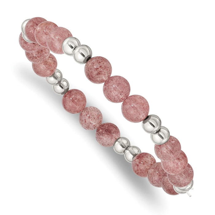 Chisel Brand Jewelry, Stainless Steel Polished Strawberry Quartz Beaded Stretch Bracelet