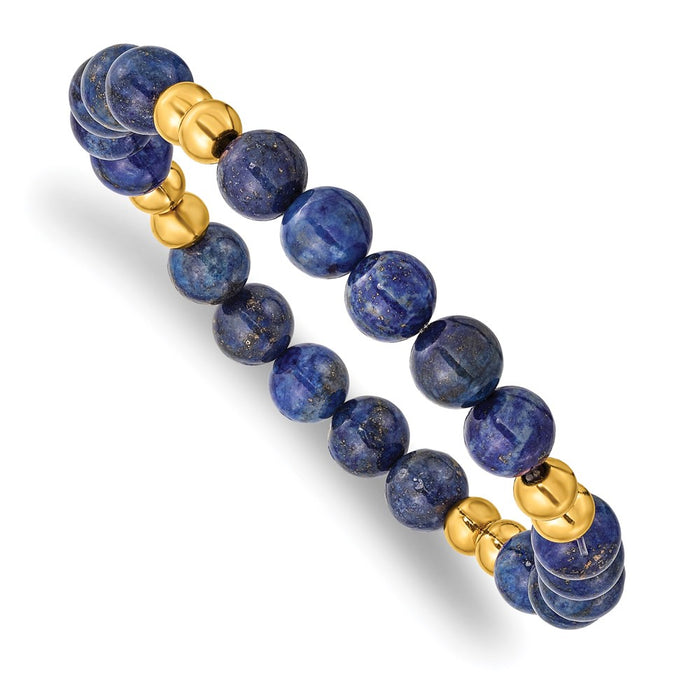 Chisel Brand Jewelry, Stainless Steel Polished Yellow IP-plated with Lapis Beaded Stretch Bracelet
