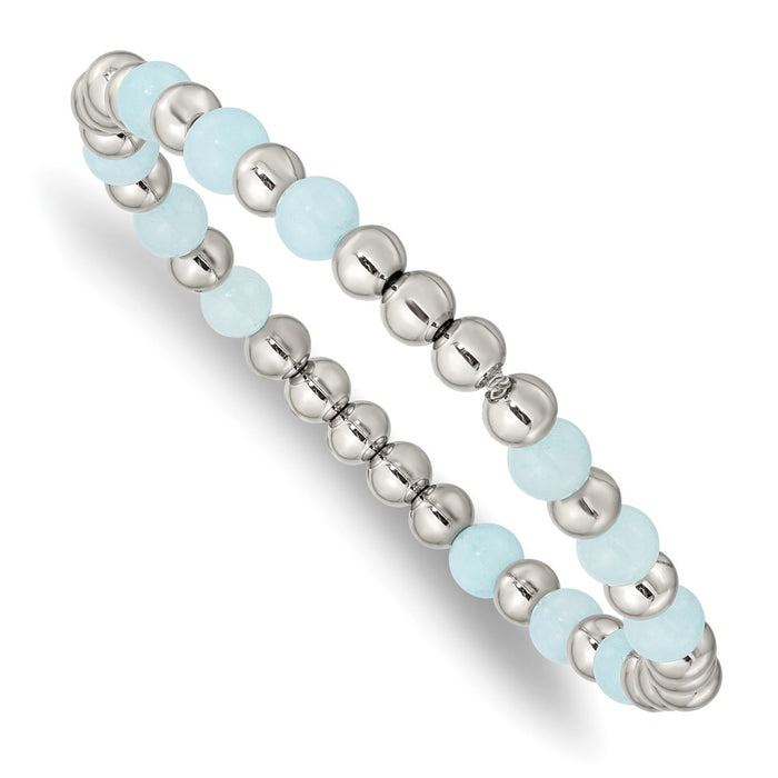 Chisel Brand Jewelry, Stainless Steel Polished Light Blue Quartz Beaded Stretch Bracelet