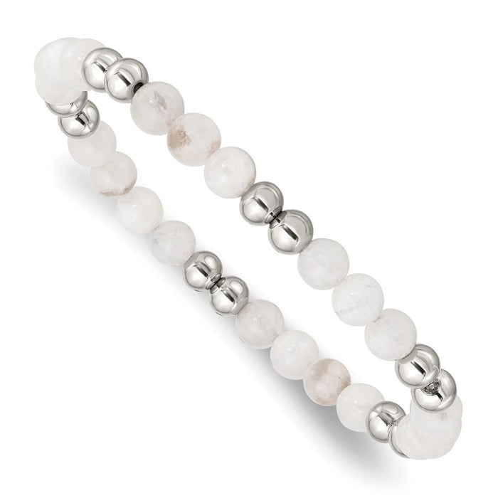 Chisel Brand Jewelry, Stainless Steel Polished White Moonstone Beaded Stretch Bracelet