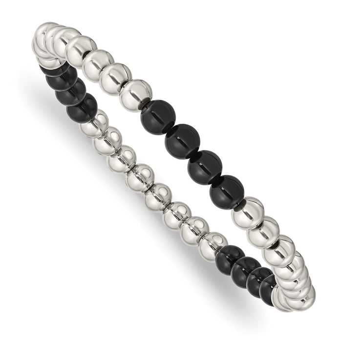 Chisel Brand Jewelry, Stainless Steel Polished Black Onyx Beaded Stretch Bracelet