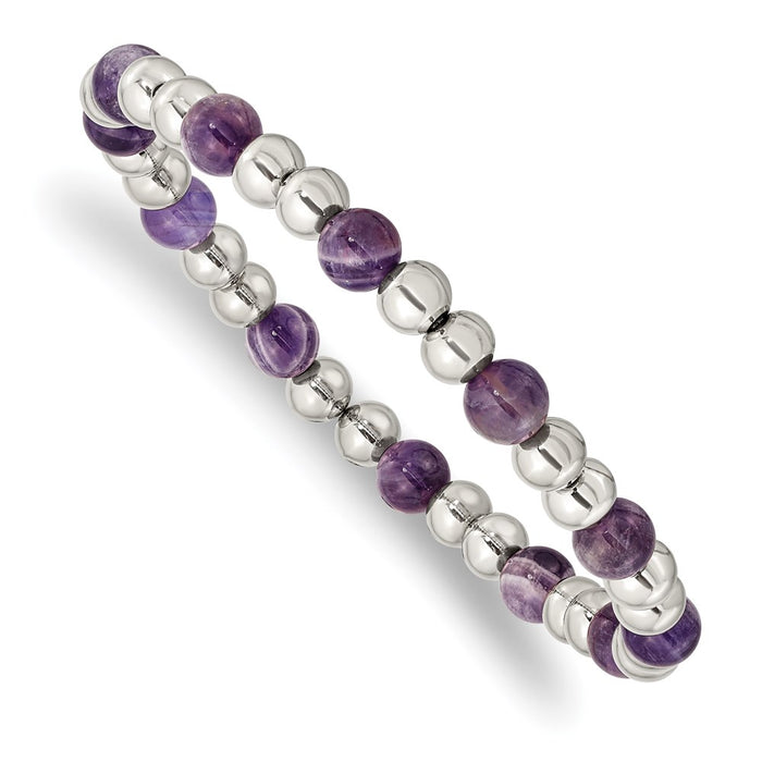 Chisel Brand Jewelry, Stainless Steel Polished Purple Zebra Amethyst Beaded Stretch Bracelet
