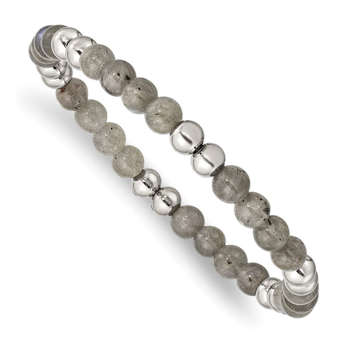 Chisel Brand Jewelry, Stainless Steel Polished Grey Quartz Beaded Stretch Bracelet