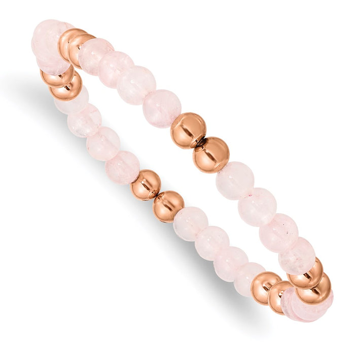 Chisel Brand Jewelry, Stainless Steel Polished Rose IP-plated Pink Quartz Beaded Stretch Bracelet