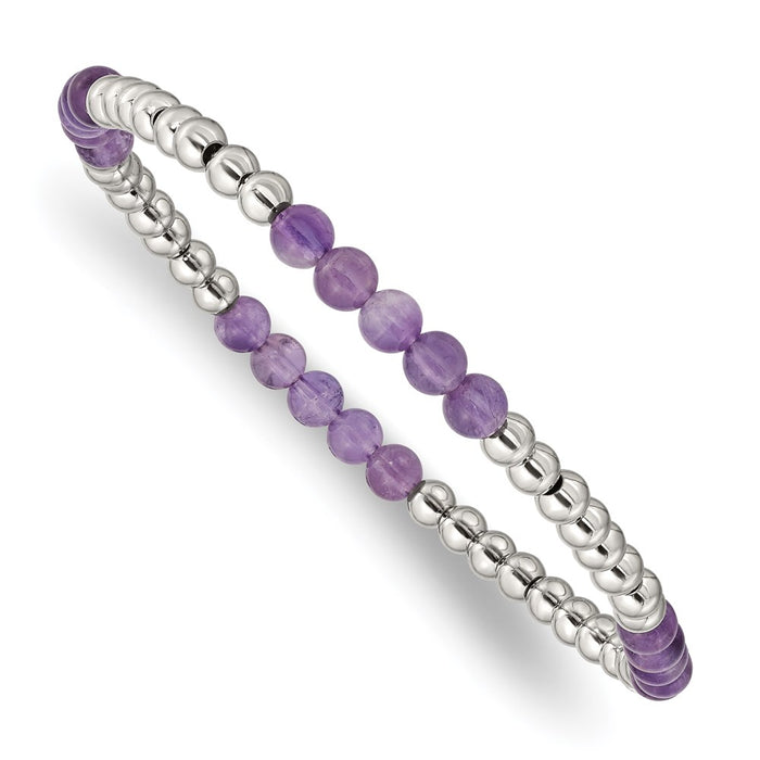 Chisel Brand Jewelry, Stainless Steel Polished Purple Zebra Amethyst Beaded Stretch Bracelet