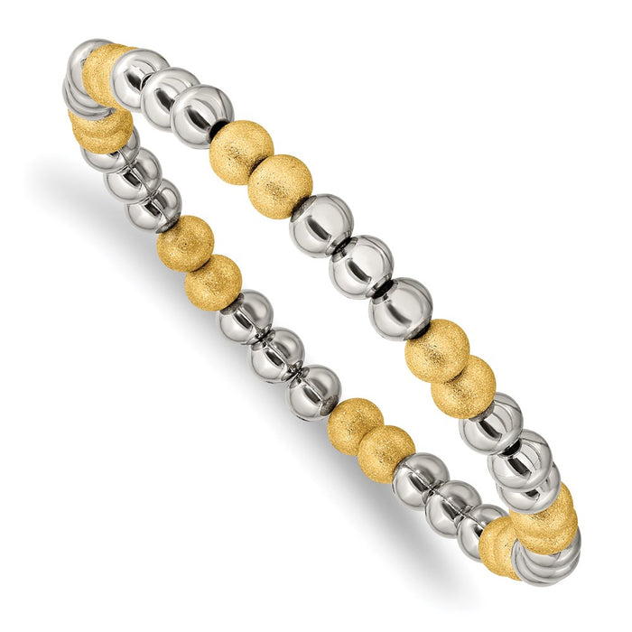 Chisel Brand Jewelry, Stainless Steel Polished Yellow IP Sand Blasted Beaded Stretch Bracelet