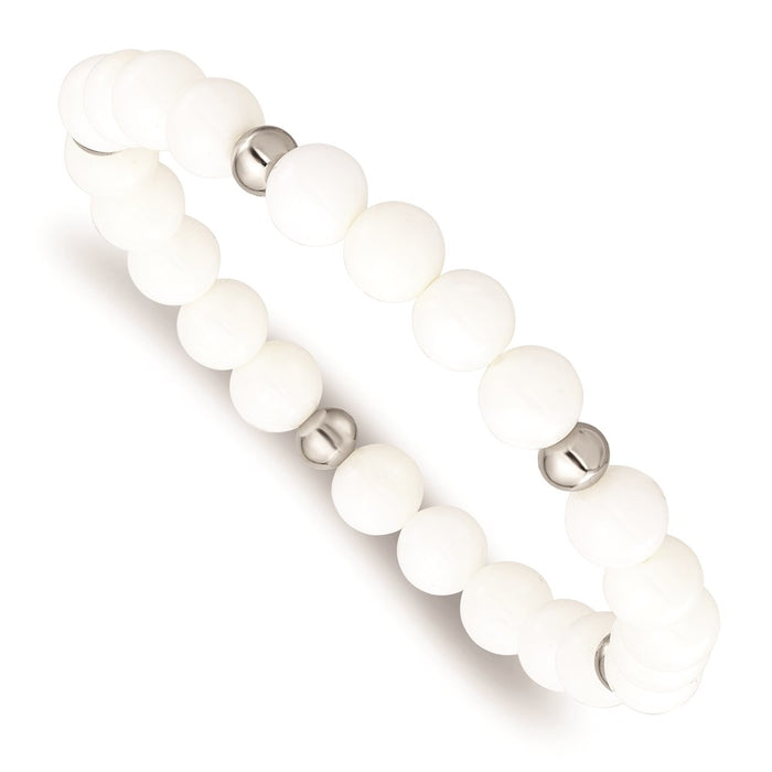 Chisel Brand Jewelry, Stainless Steel Polished White Ceramic Beaded Stretch Bracelet