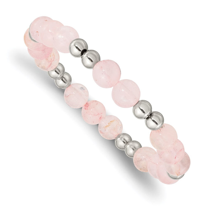 Chisel Brand Jewelry, Stainless Steel Polished Pink Quartz Beaded Stretch Bracelet