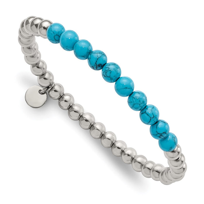 Chisel Brand Jewelry, Stainless Steel Polished Synthetic Turquoise Beaded Stretch Bracelet