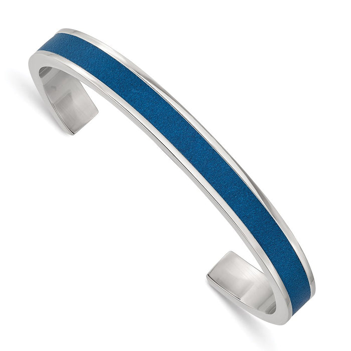 Chisel Brand Jewelry, Stainless Steel Polished Blue Leather Inlay 8mm Cuff Bangle