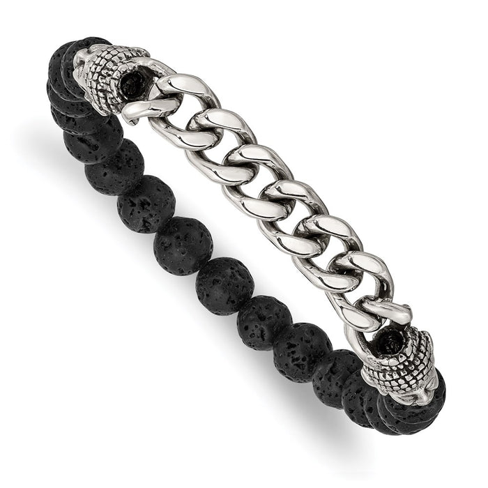 Chisel Brand Jewelry, Stainless Steel Antiqued & Polished Buddha Lava Stone Beaded Stretch Bracel