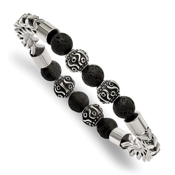 Chisel Brand Jewelry, Stainless Steel Antiqued & Polished with Lava Stone Beads Stretch Bracelet