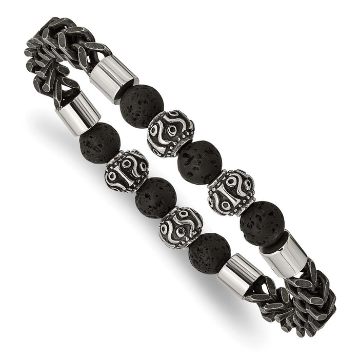 Chisel Brand Jewelry, Stainless Steel Antiqued/Polished Black IP Chain Lava Stone Stretch Bracel