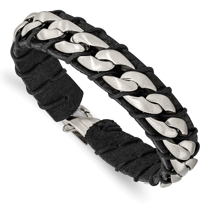 Chisel Brand Jewelry, Stainless Steel Brushed Chain and Black Leather 8.5in Men's Bracelet