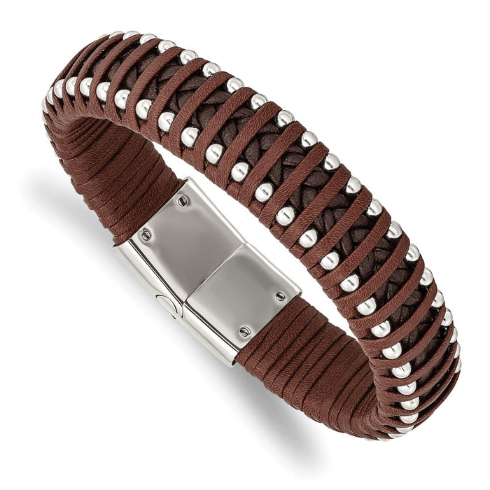 Chisel Brand Jewelry, Stainless Steel Polished Beaded Brown Leather 8.25in Men's Bracelet