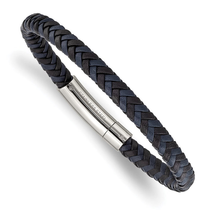 Chisel Brand Jewelry, Stainless Steel Polished Black and Blue Braided Leather 8.25in Men's Bracelet