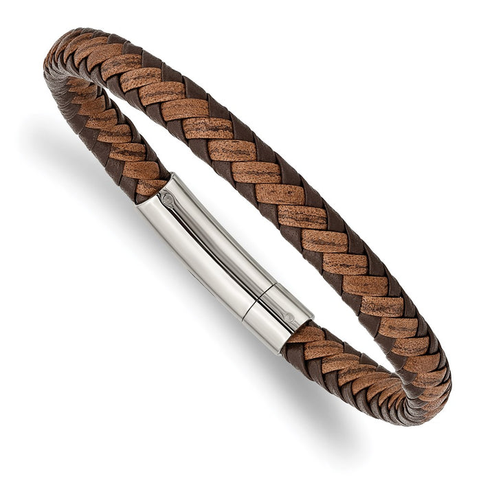 Chisel Brand Jewelry, Stainless Steel Polished Brown Braided Leather 8.25in Men's Bracelet