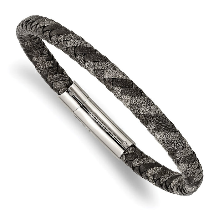 Chisel Brand Jewelry, Stainless Steel Polished Black and Gray Braided Leather 8.25in Men's Bracelet