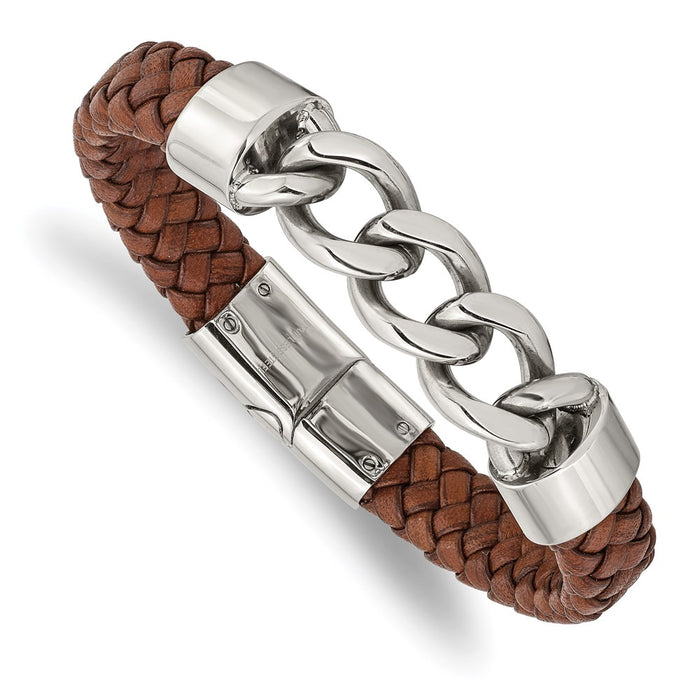 Chisel Brand Jewelry, Stainless Steel Polished Chain and Brown Leather 8.25in Men's Bracelet