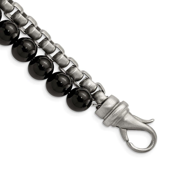 Chisel Brand Jewelry, Stainless Steel Brushed Box Chain & Black Onyx 2 Strand 8.5in Bracelet