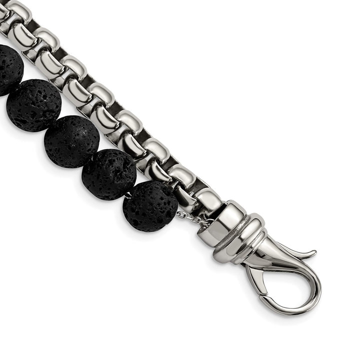 Chisel Brand Jewelry, Stainless Steel Polished Box Chain & Lava Stone 2 Stand 8.5in Bracelet