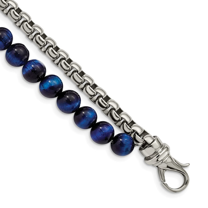 Chisel Brand Jewelry, Stainless Steel Polished Box Chain & Blue Tiger's Eye 2 Strand 8.5in Bracel