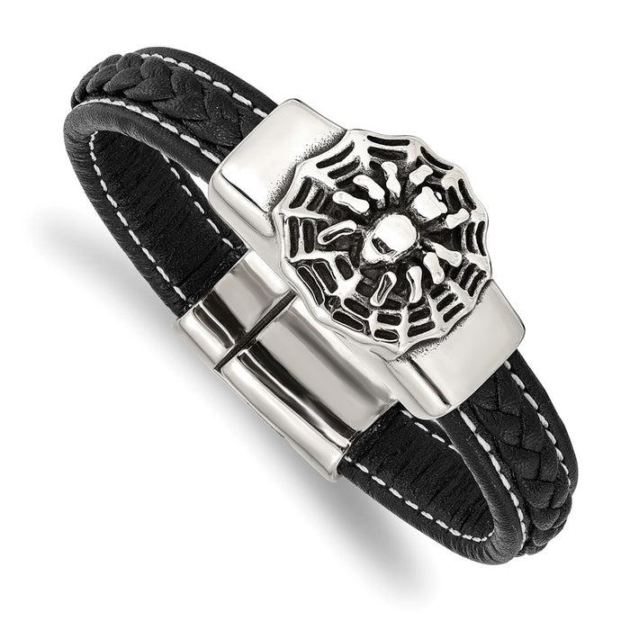 Chisel Brand Jewelry, Stainless Steel Antiqued & Polished Spider Black Faux Leather 8.5in Men's Bracelet