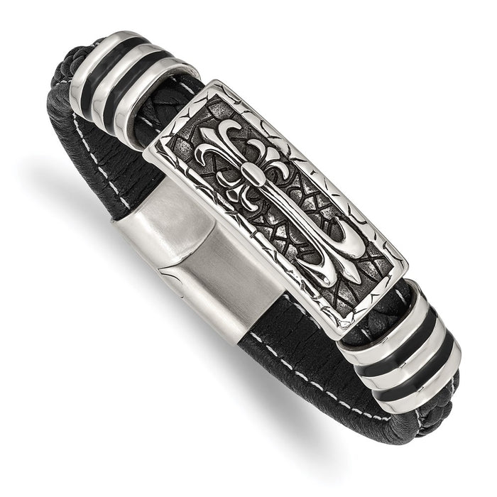 Chisel Brand Jewelry, Stainless Steel Antiqued & Polished with Enamel Faux Leather 8.5in Men's Bracelet