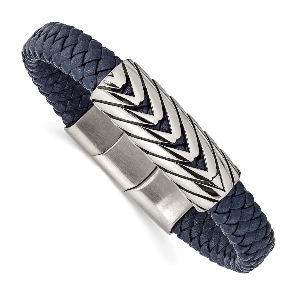 Chisel Brand Jewelry, Stainless Steel Antiqued & Polished Faux Leather 8in with .5in ext. Men's Bracelet