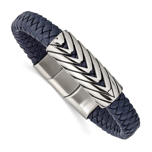 Chisel Brand Jewelry, Stainless Steel Antiqued & Polished Faux Leather 8in with .5in ext. Men's Bracelet