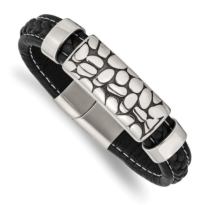 Chisel Brand Jewelry, Stainless Steel Antiqued & Polished Black Faux Leather 8.5in Men's Bracelet