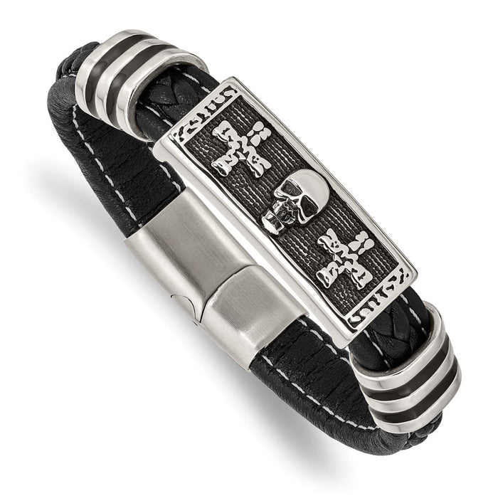 Chisel Brand Jewelry, Stainless Steel Antiqued & Polished with Enamel Skull Faux Leather Men's Bracelet