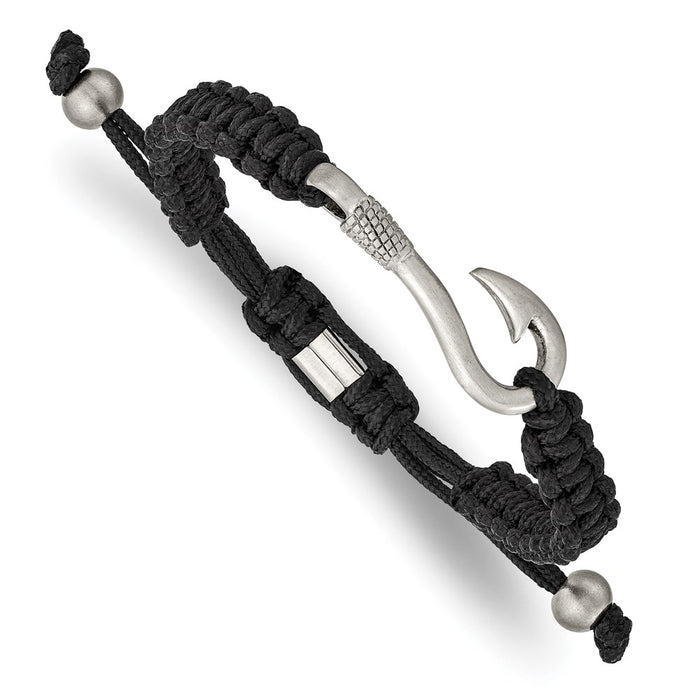 Chisel Brand Jewelry, Stainless Steel Brushed Fishing Hook Black Nylon Adjustable Bracelet