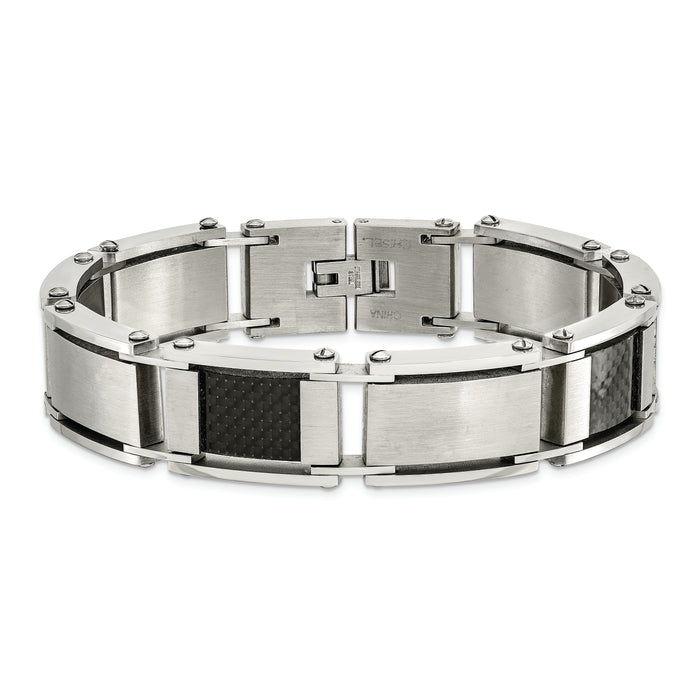 Chisel Brand Jewelry, Stainless Steel Brushed & Polished Black Carbon Fiber Inlay 8.75in Men's Bracelet