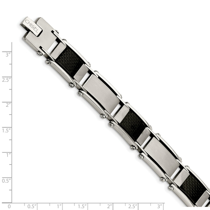 Chisel Brand Jewelry, Stainless Steel Brushed & Polished Black Carbon Fiber Inlay 8.75in Men's Bracelet