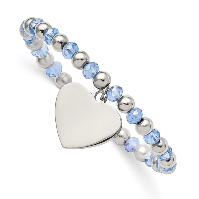 Chisel Brand Jewelry, Stainless Steel Polished with Blue Glass Beads Heart Dangle Stretch Bracelet