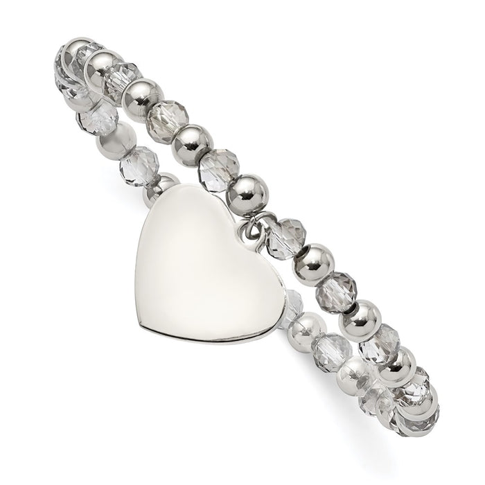 Chisel Brand Jewelry, Stainless Steel Polished with Grey Glass Beads Heart Dangle Stretch Bracelet